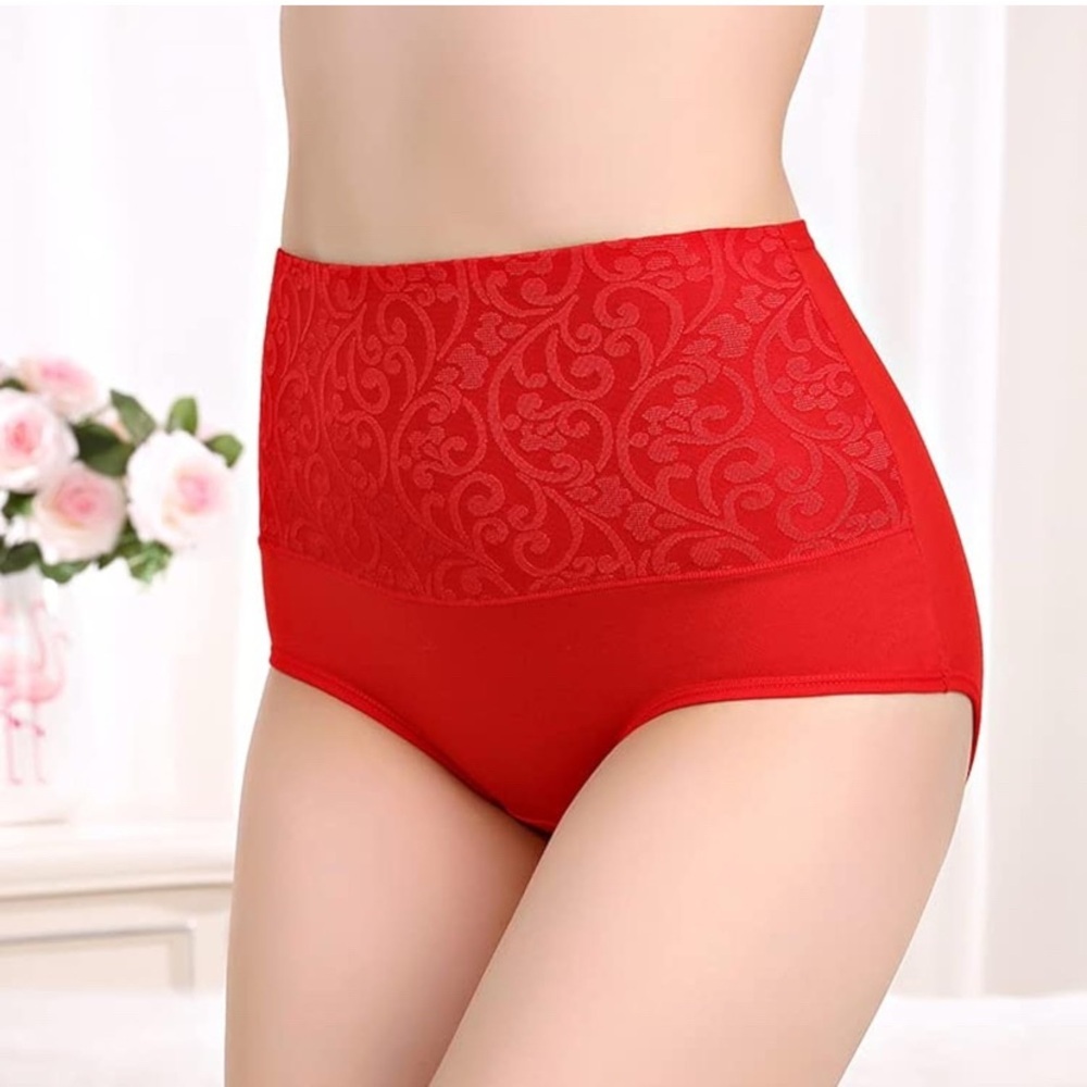 Red High-Waisted Lace Briefs